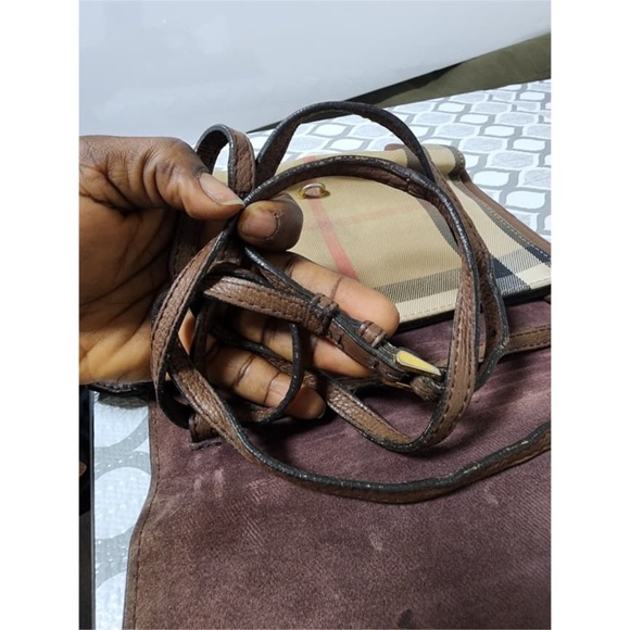 Authentic BURBERRYDerby Calfskin House Check Small Macken Crossbody Bag Beige/Br - Picture 14 of 16